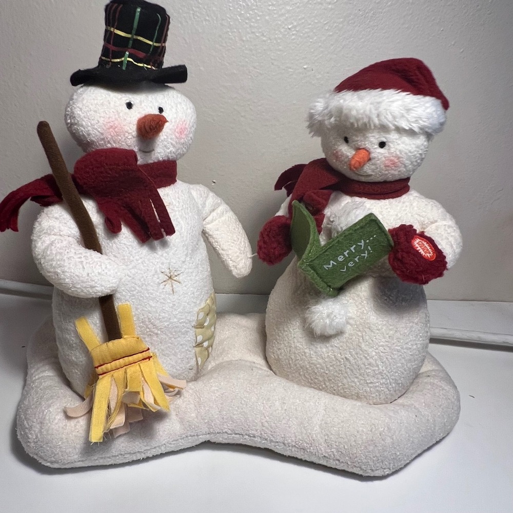 Vintage Hallmark Musical Snowman Duo White Red Plaid Hat Broom Singing Decor - Picture 3 of 6